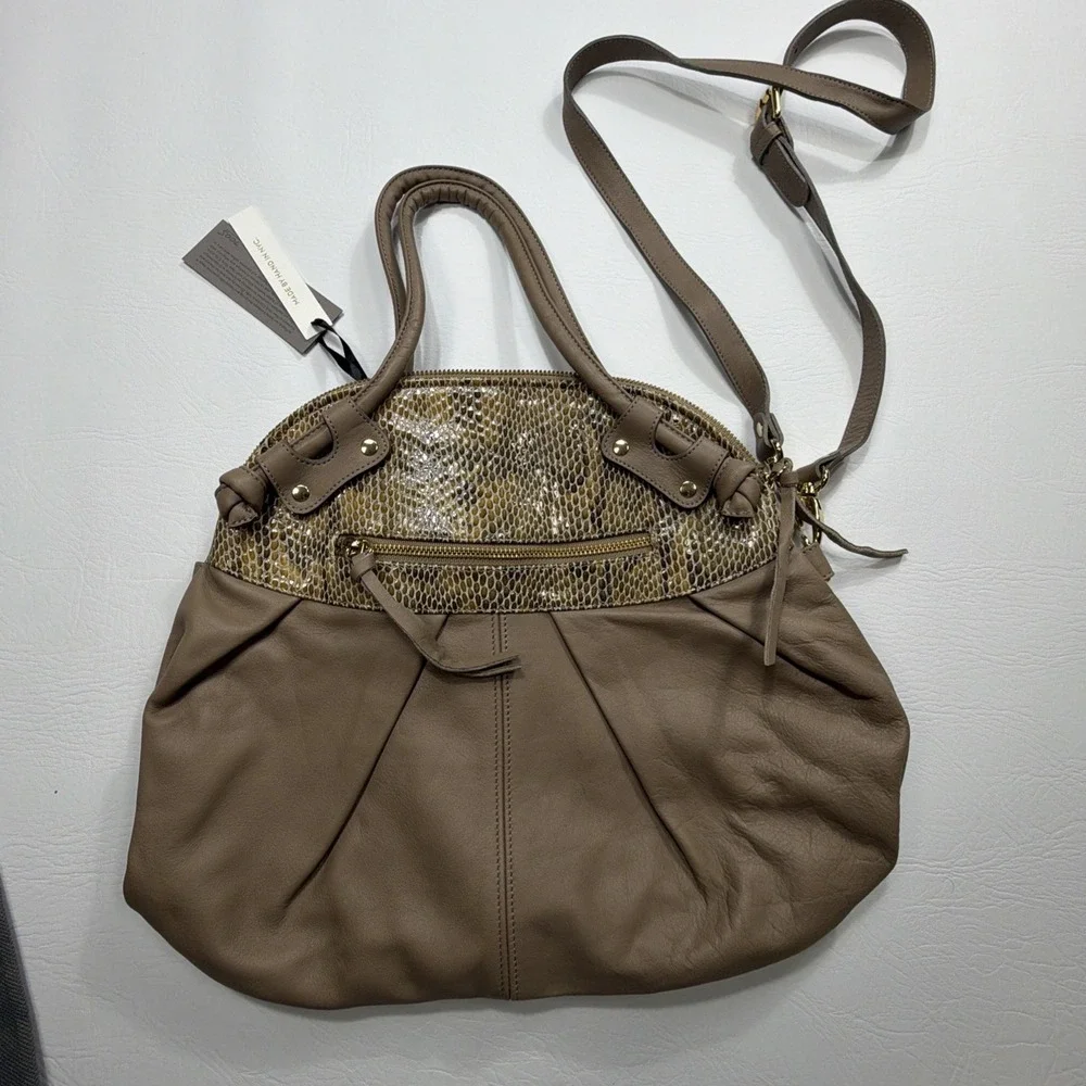 New! Pietro NYC Convertible Satchel Handbag Taupe Leather Snakeskin Embossed USA